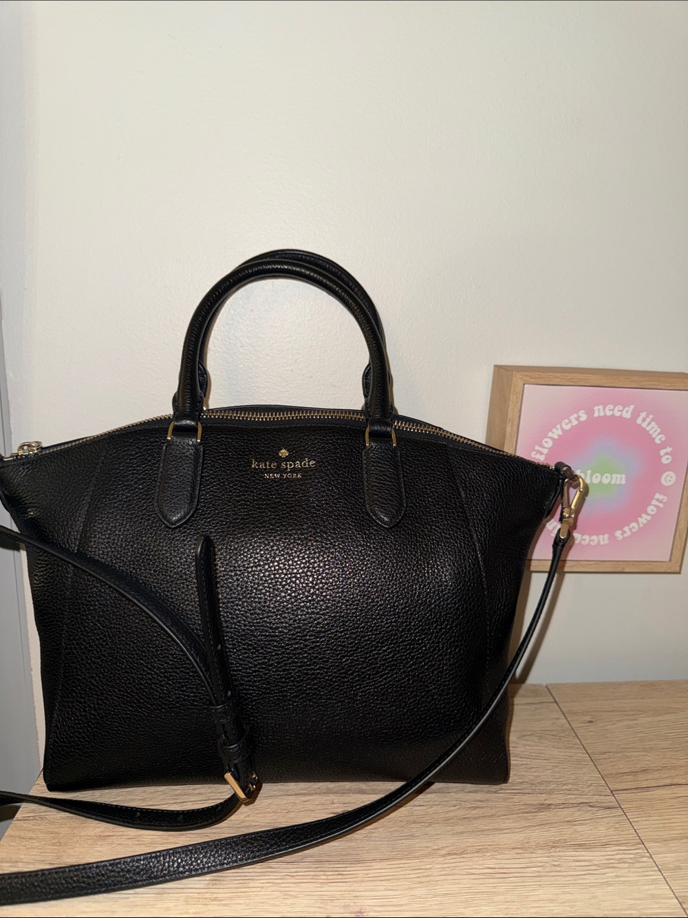NWOT Kate Spade Parker Black Leather Medium Satchel with Crossbody Strap